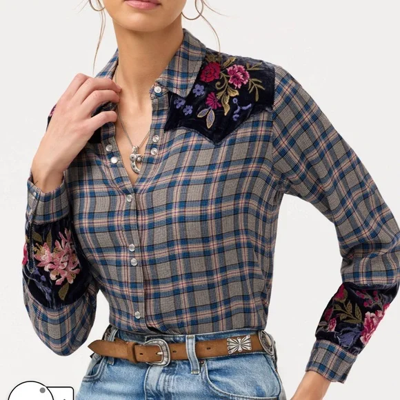 Johnny Was Puff Sleeve Western Shirt Cirla Plaid size M - Picture 5 of 7